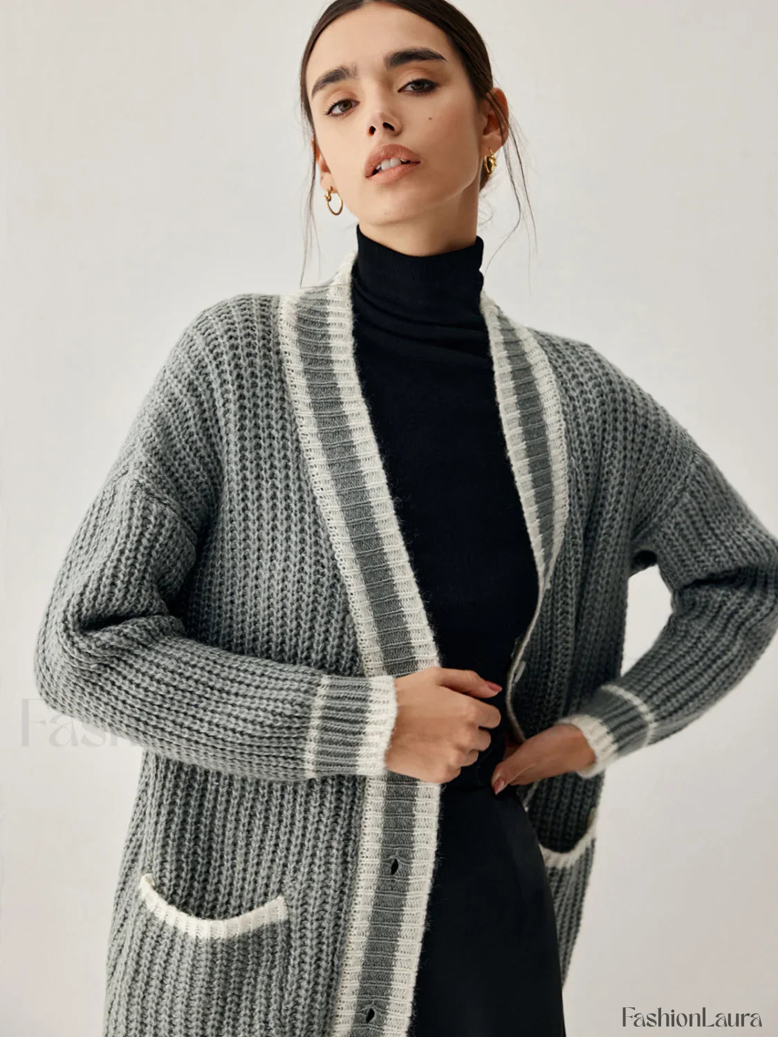 Chunky Knit Double Trendy Pockets Slouchy Cardigan