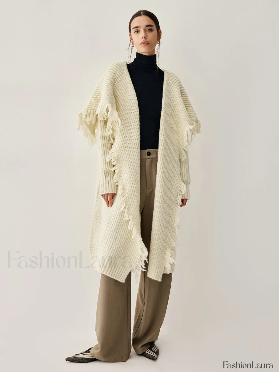 Chunky Knit Tassel Trendy Hem Poncho Cardigan