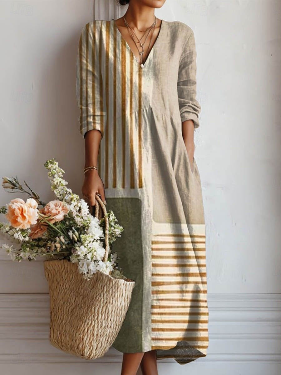 Striped Patchwork V-Neck Long Sleeve Pocket Maxi Dress