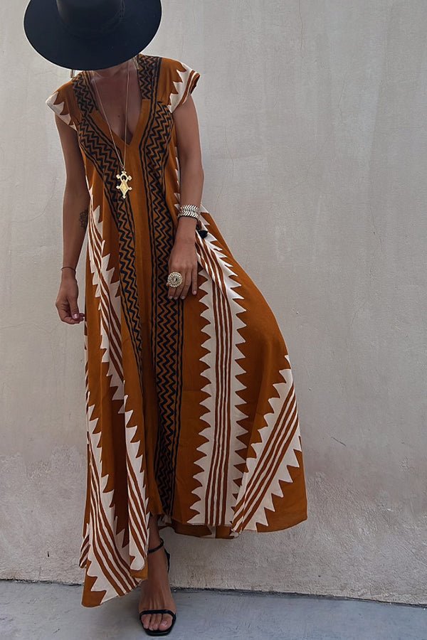 Geometric Print V-Neck Short Sleeve Flowy Boho Maxi Dress