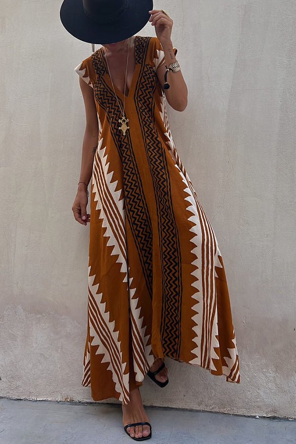 Geometric Print V-Neck Short Sleeve Flowy Boho Maxi Dress
