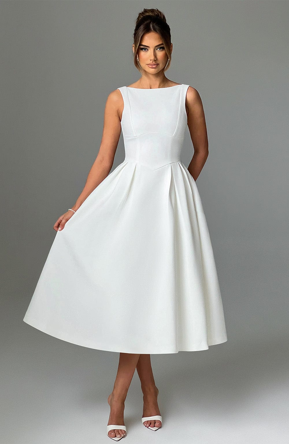 Boat Neck Sleeveless Basque Waist Pleated Fit and Flare Midi Dress 4