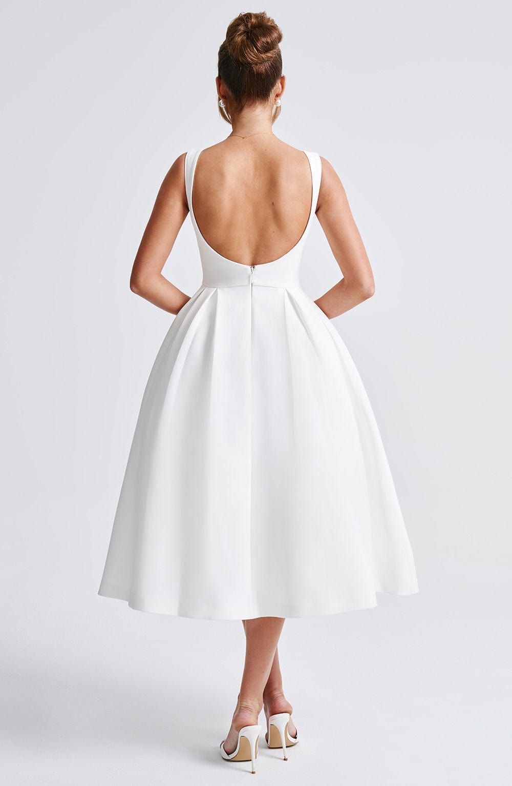 Boat Neck Sleeveless Basque Waist Pleated Fit and Flare Midi Dress 17