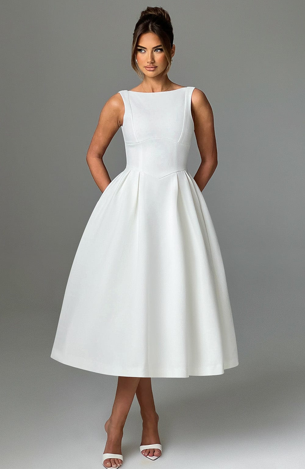 Boat Neck Sleeveless Basque Waist Pleated Fit and Flare Midi Dress 8