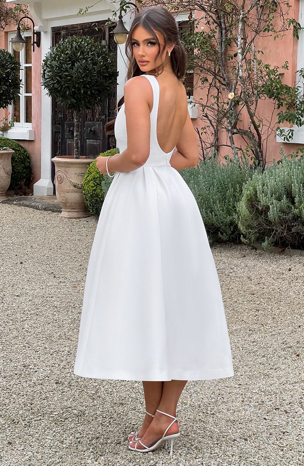 Boat Neck Sleeveless Basque Waist Pleated Fit and Flare Midi Dress 7