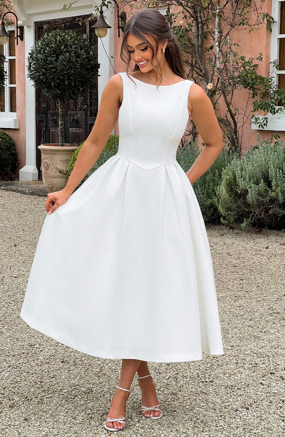 Boat Neck Sleeveless Basque Waist Pleated Fit and Flare Midi Dress 6