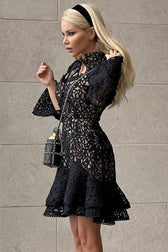Classy Mandarin Collar Puff Sleeve Crochet Lace Ruffle Tiered Mini Dress - Black 3