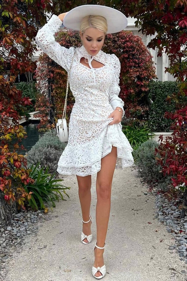 Classy Mandarin Collar Puff Sleeve Crochet Lace Ruffle Tiered Mini Dress - White 2