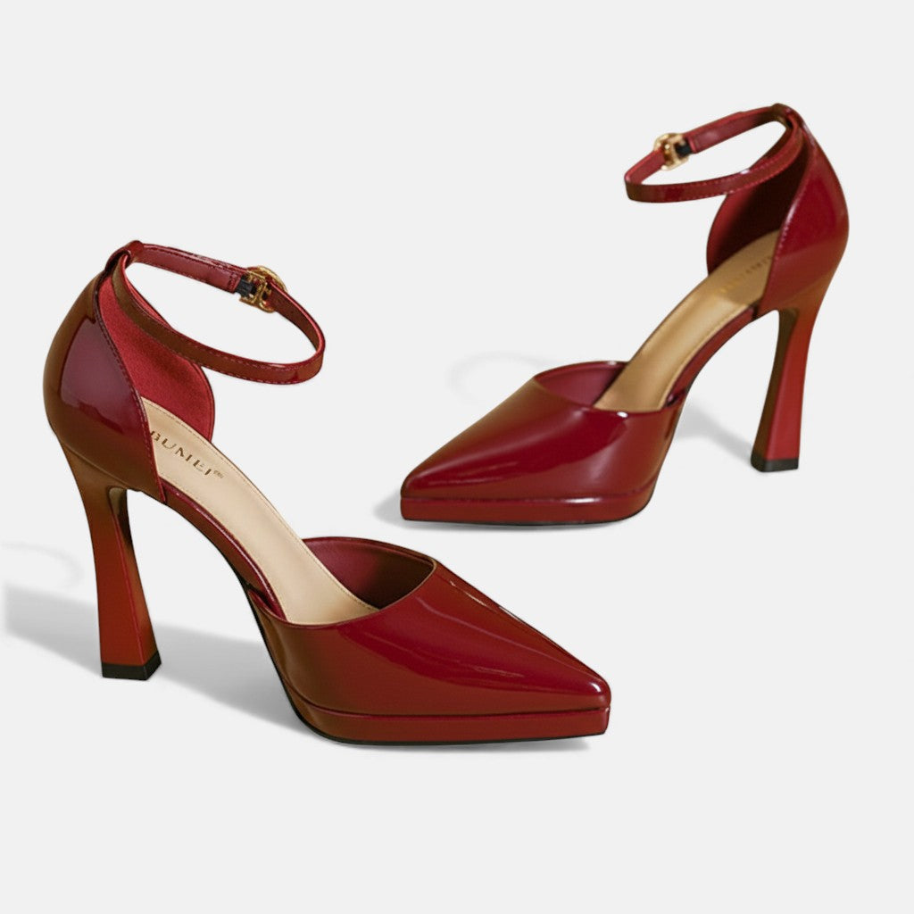 Patent Look Pointed Toe Ankle Strap Platform Stiletto Pumps