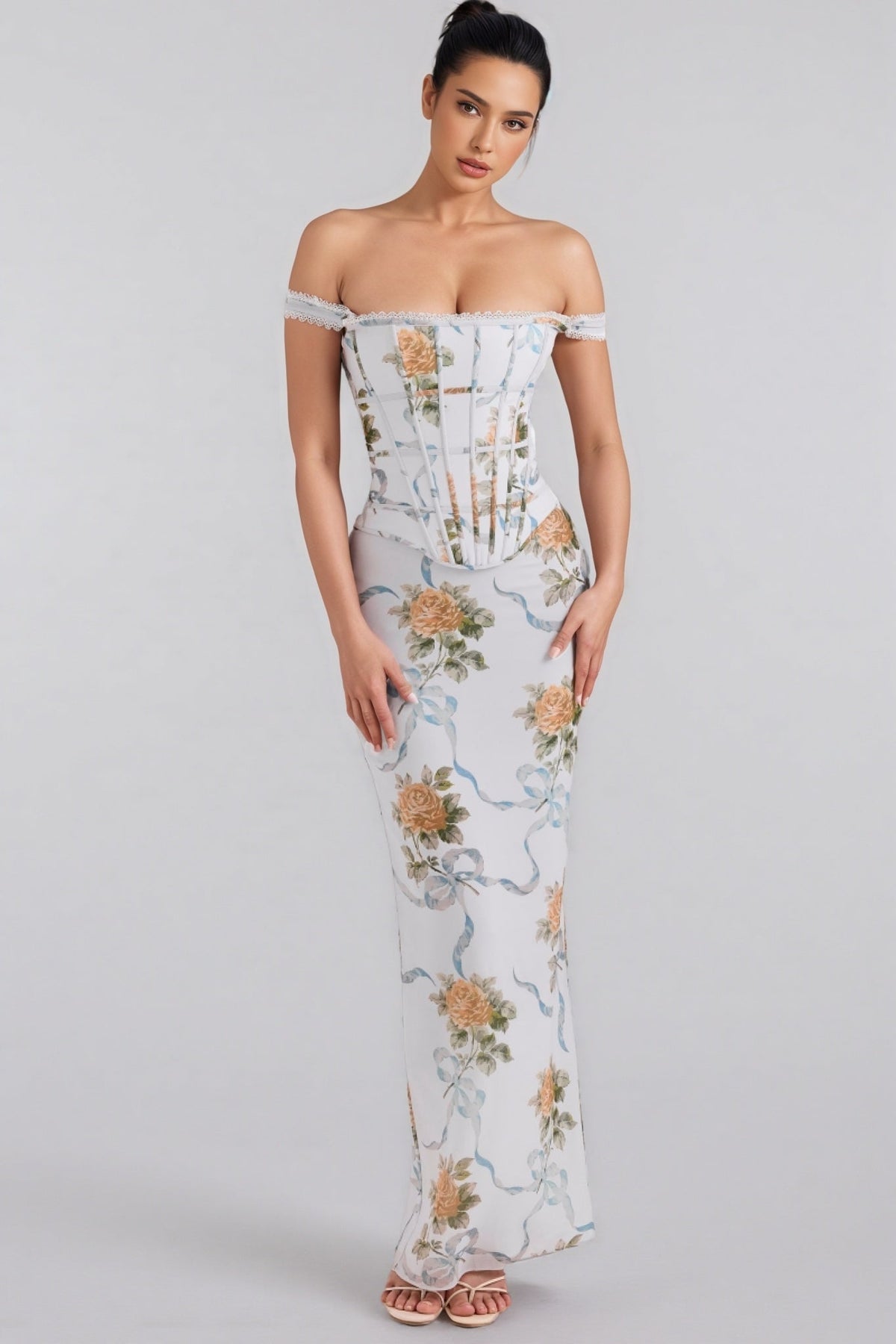 Floral Ribbon Print Off Shoulder Lace Trim Corset Bodycon Maxi Dress