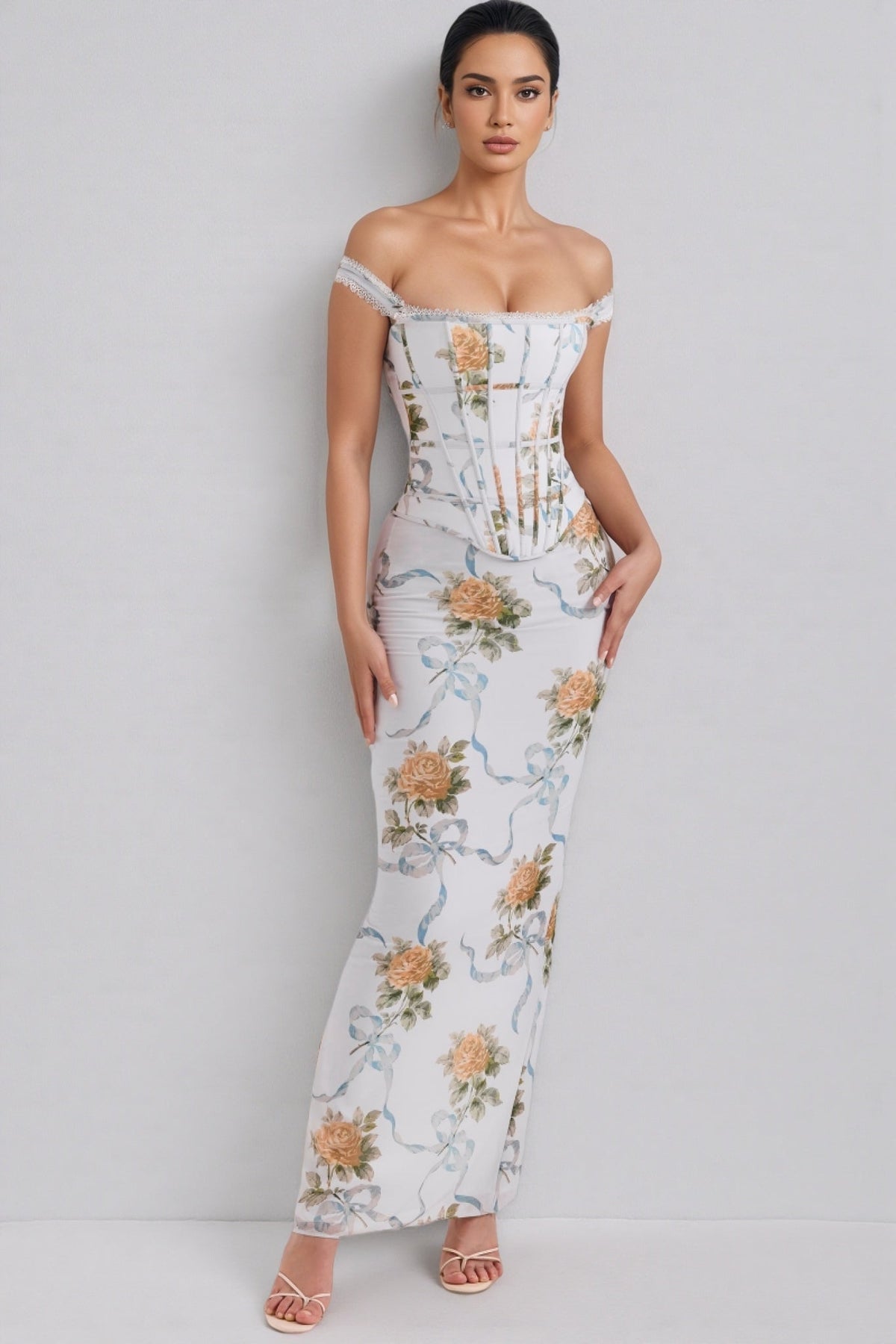 Floral Ribbon Print Off Shoulder Lace Trim Corset Bodycon Maxi Dress 3