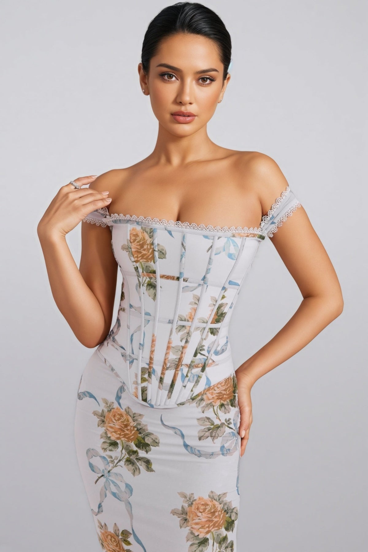Floral Ribbon Print Off Shoulder Lace Trim Corset Bodycon Maxi Dress 4