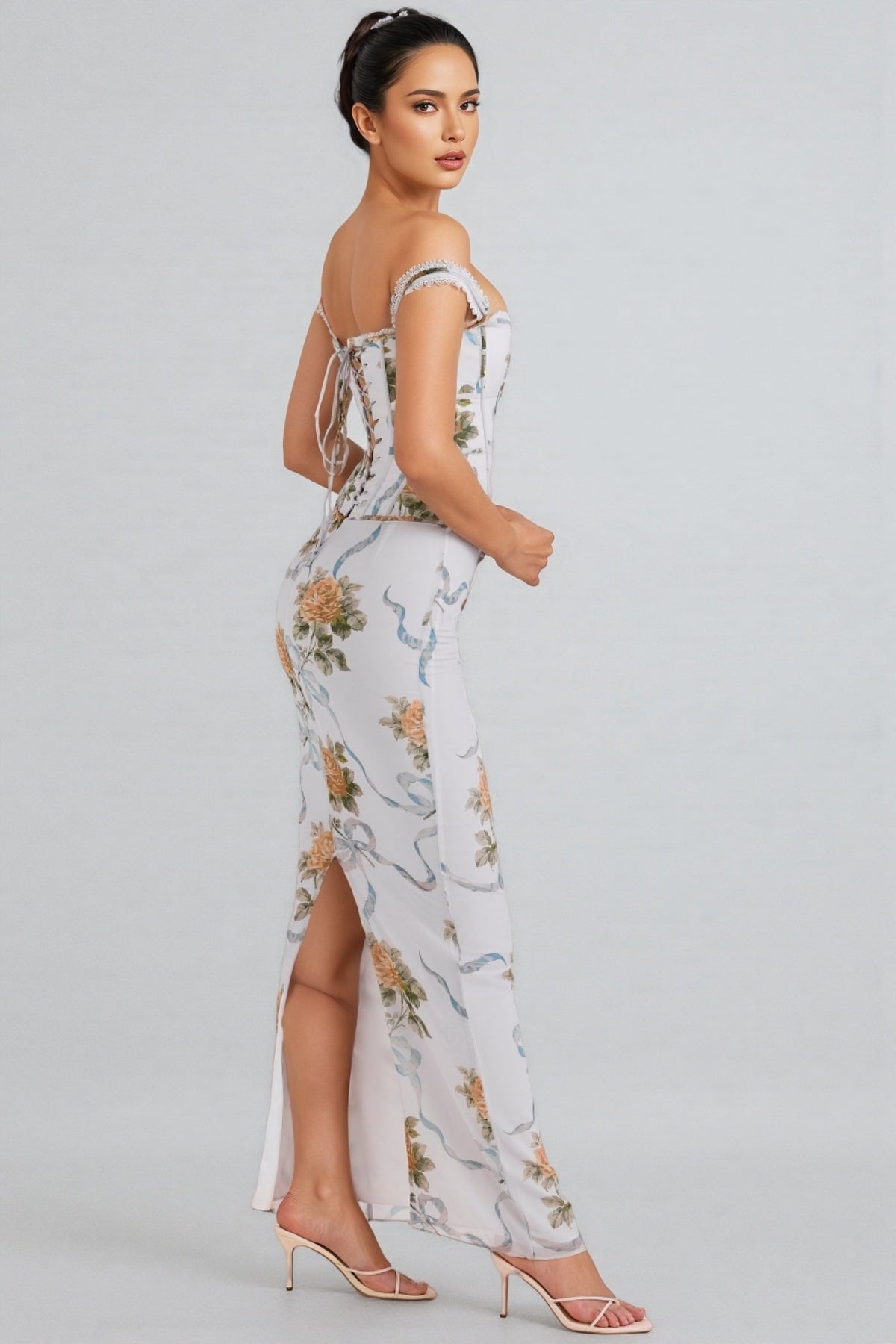 Floral Ribbon Print Off Shoulder Lace Trim Corset Bodycon Maxi Dress 2