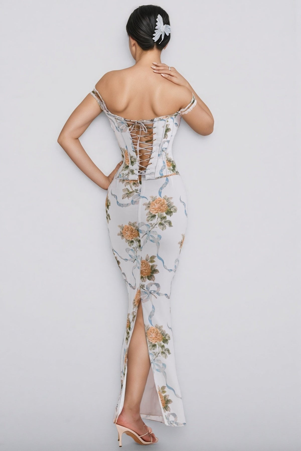 Floral Ribbon Print Off Shoulder Lace Trim Corset Bodycon Maxi Dress 5