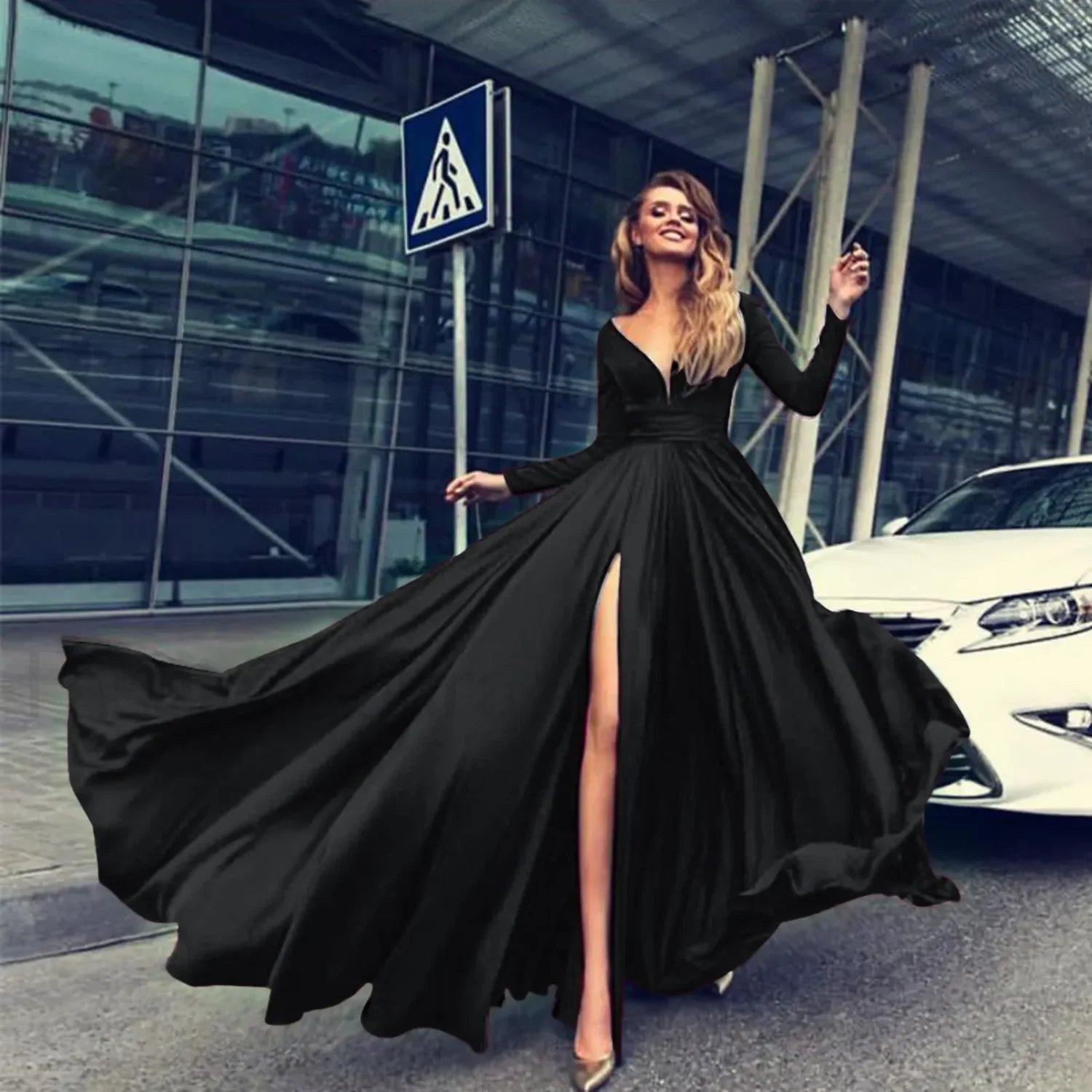 Cocktail For Women 2024 Classy Solid Color Long Sleeve V Neck Maxi Red Vintage Formal A Line Prom Dress Black / S