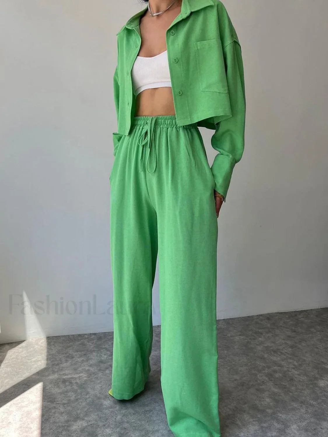 Collared Drawstring Two Piece Pants Set