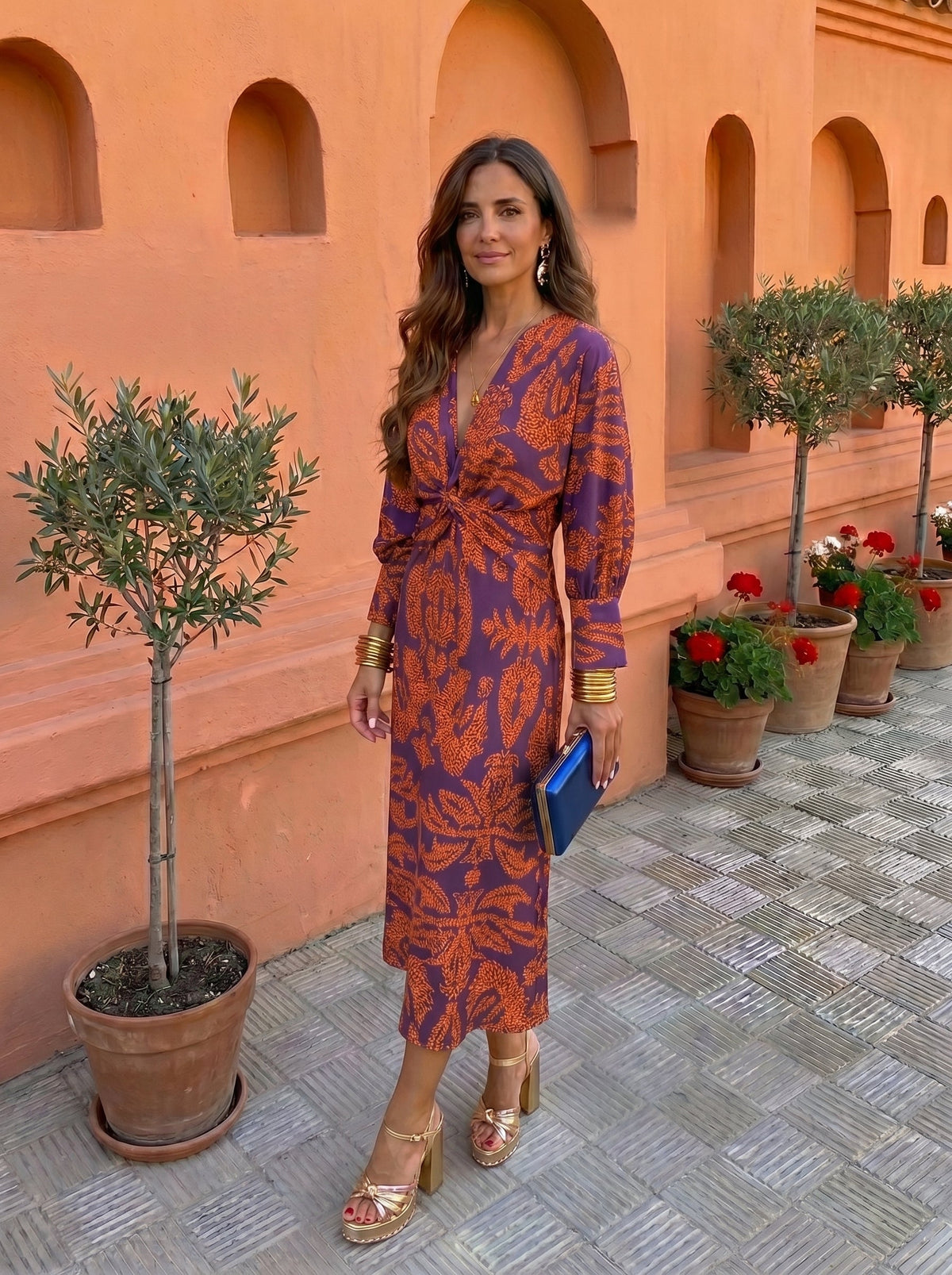 Botanical Print Deep V-Neck Twist Front Long Sleeve Midi Dress