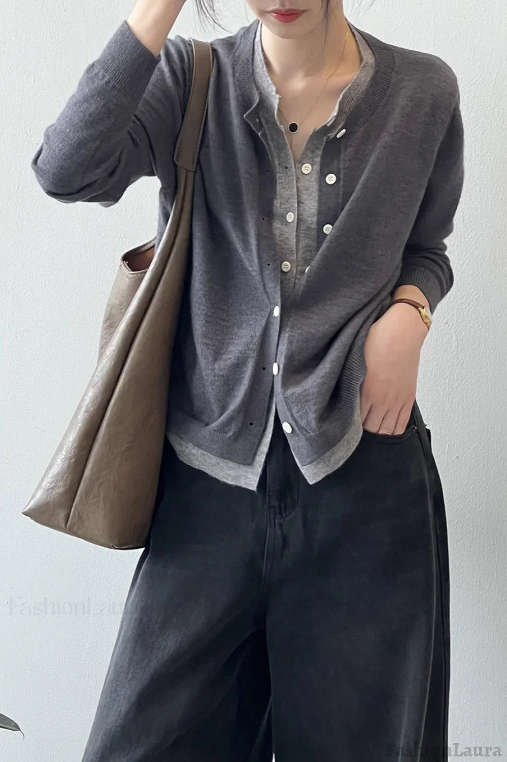 Color Block Layered Cardigan Grey / One Size