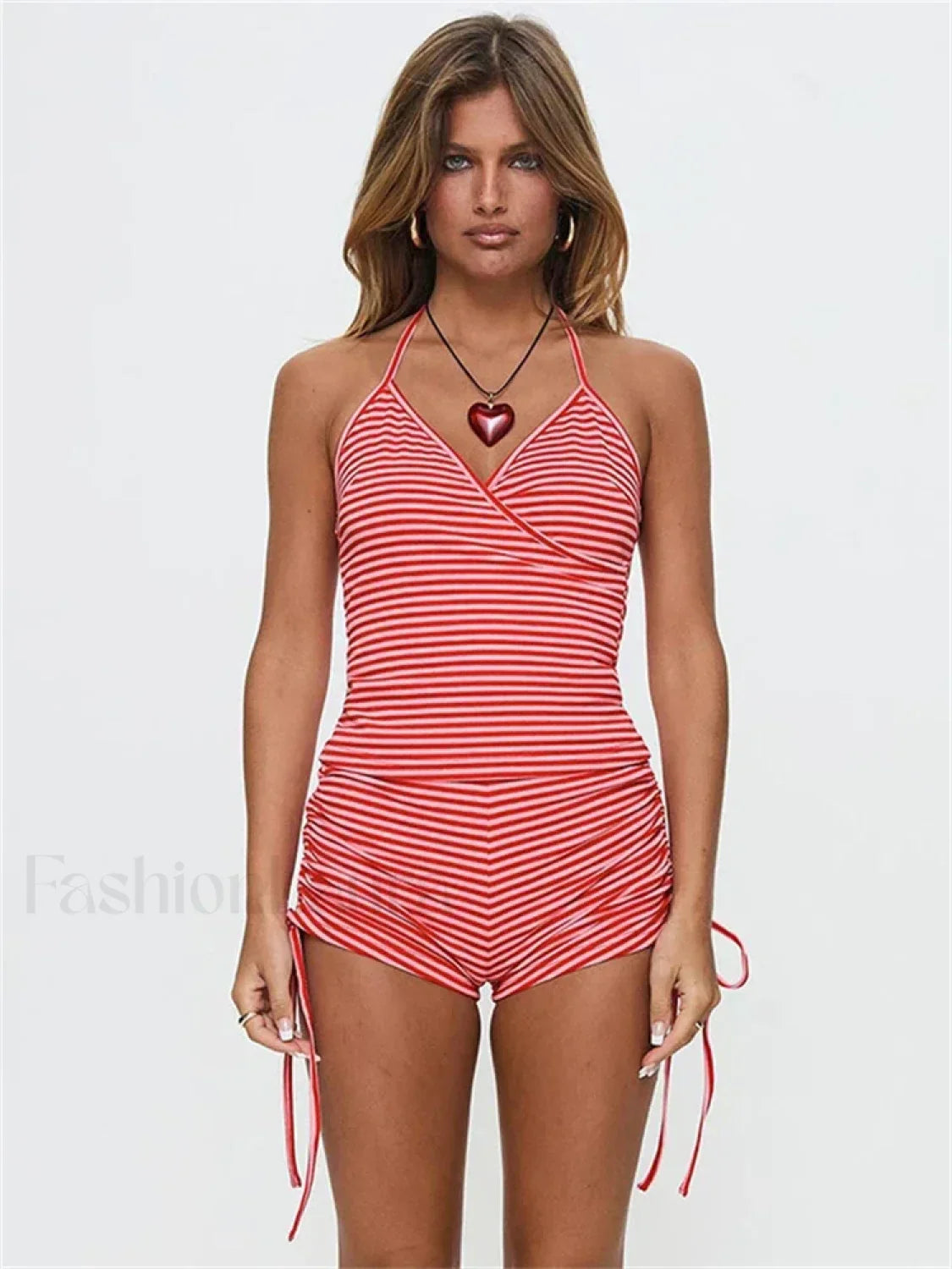 Color Block Tie Back Shorts Two Piece Set