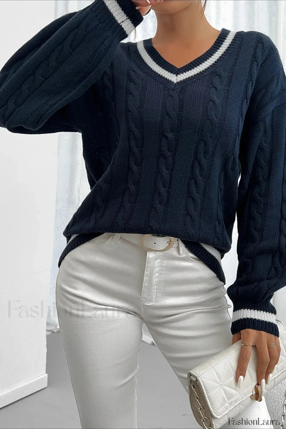 Colorblock Cable Knit V Neck Sweater