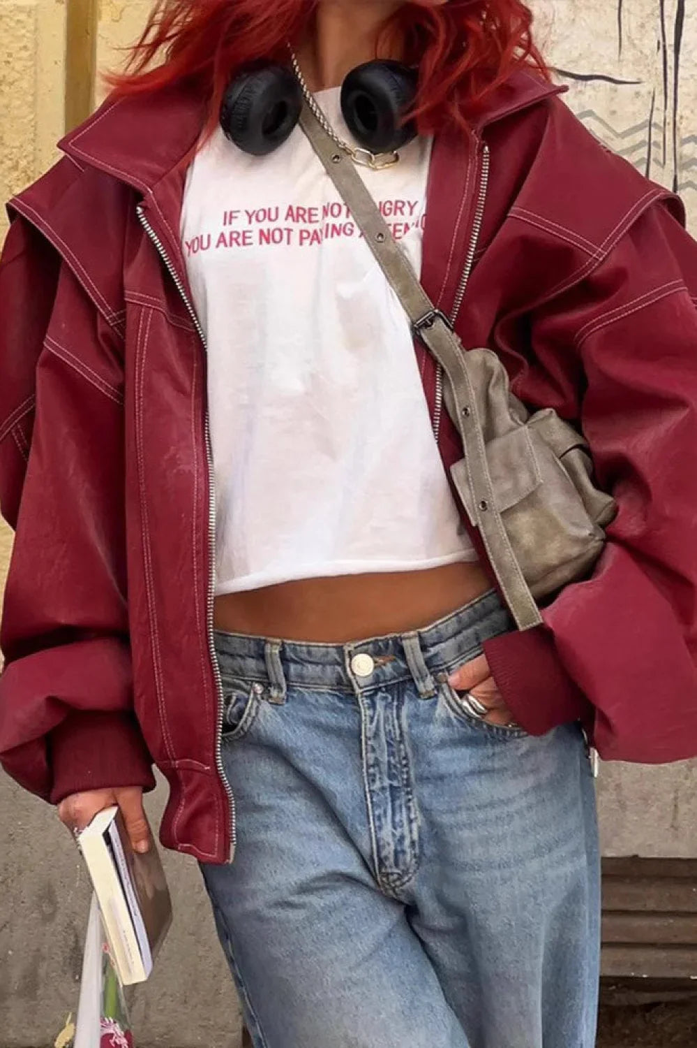 Colorblock Faux Leather Zip Jacket Red / S