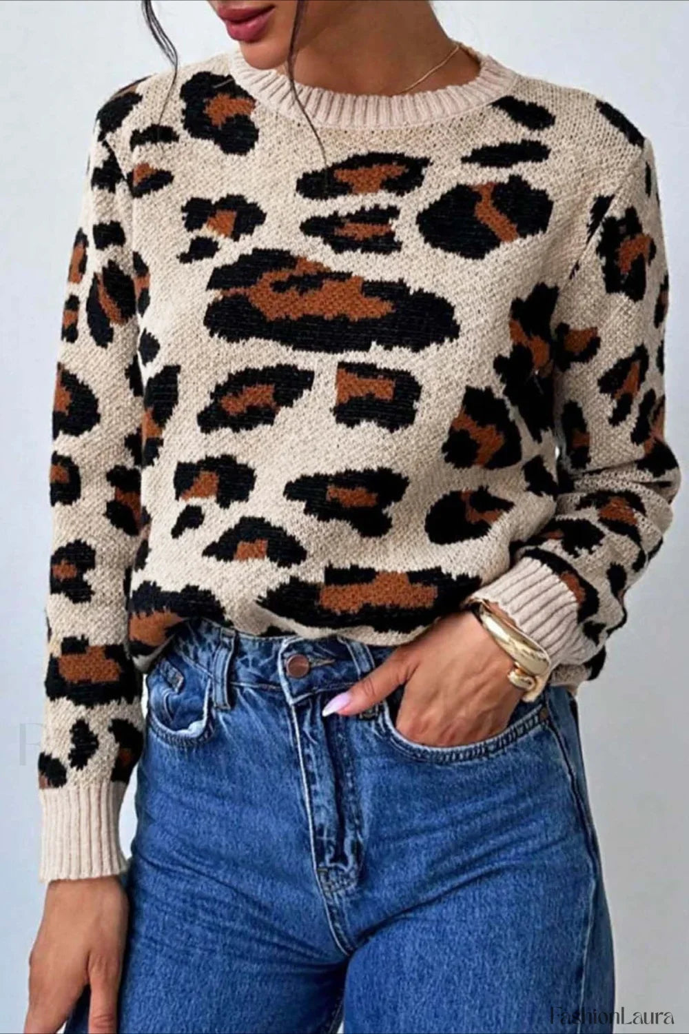 Colorblock Leopard Crewneck Sweater