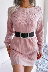 Comfy Long Sleeve Pointelle Crochet Knit Winter Sweater Mini Dress - Pink 2