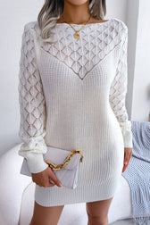 Comfy Long Sleeve Pointelle Crochet Knit Winter Sweater Mini Dress - White 3