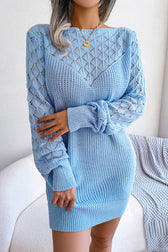 Comfy Long Sleeve Pointelle Crochet Knit Winter Sweater Mini Dress - Blue 2