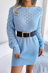 Comfy Long Sleeve Pointelle Crochet Knit Winter Sweater Mini Dress - Blue 3