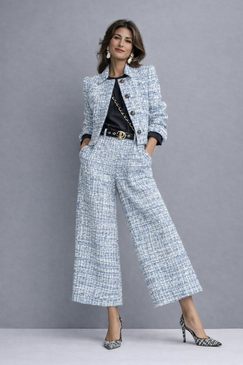 Tweed Collarless Jacket and Wide Leg Pants Two Piece Set