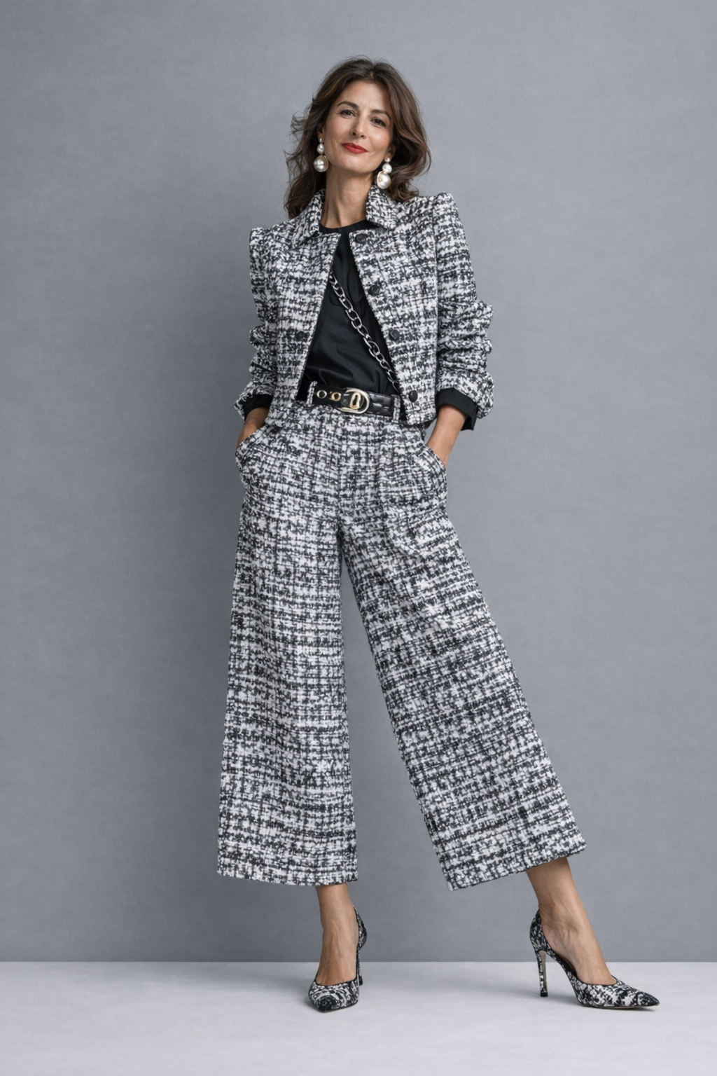 Tweed Blazer and Wide Leg Pants Two Piece Set