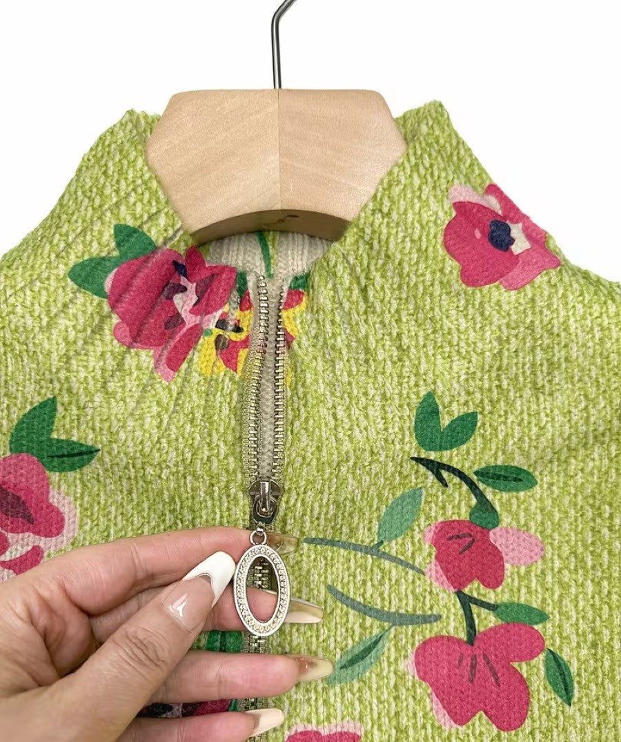 Ditsy Floral Zip Front Mock Neck Cardigan