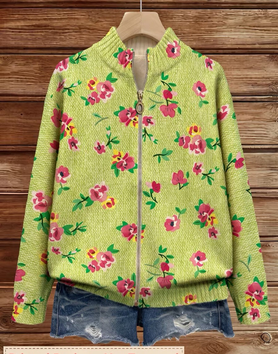 Ditsy Floral Zip Front Mock Neck Cardigan