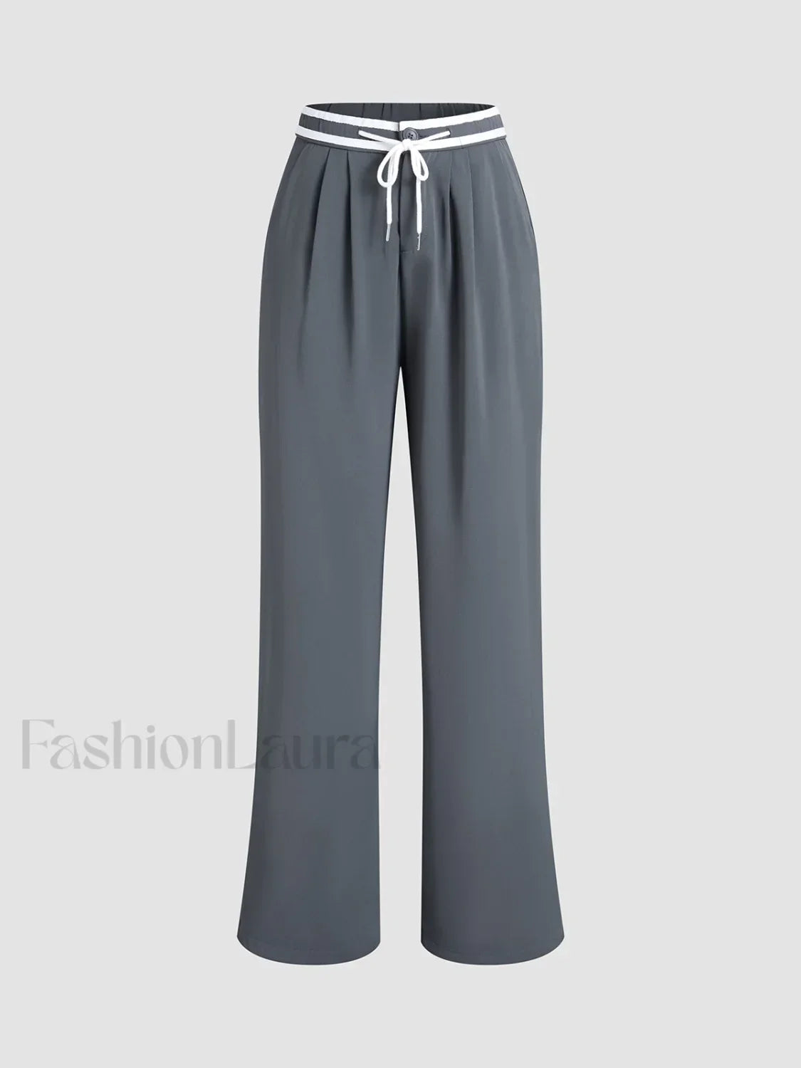 Contrast Binding Drawstring Trendy Straight Leg Pants Grey / XS Pants