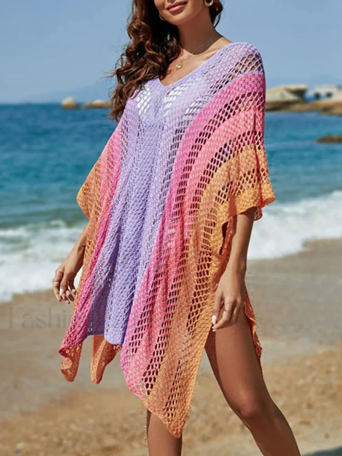 Contrast Color Knitted V-Neck Cover Up