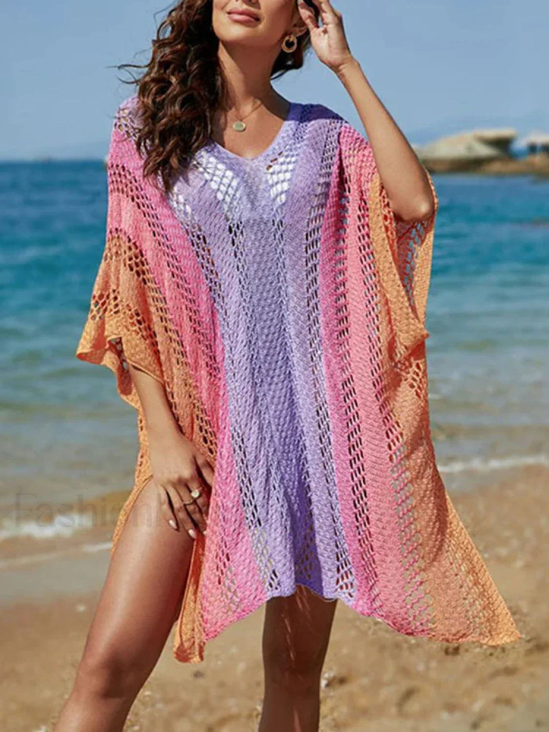 Contrast Color Knitted V-Neck Cover Up