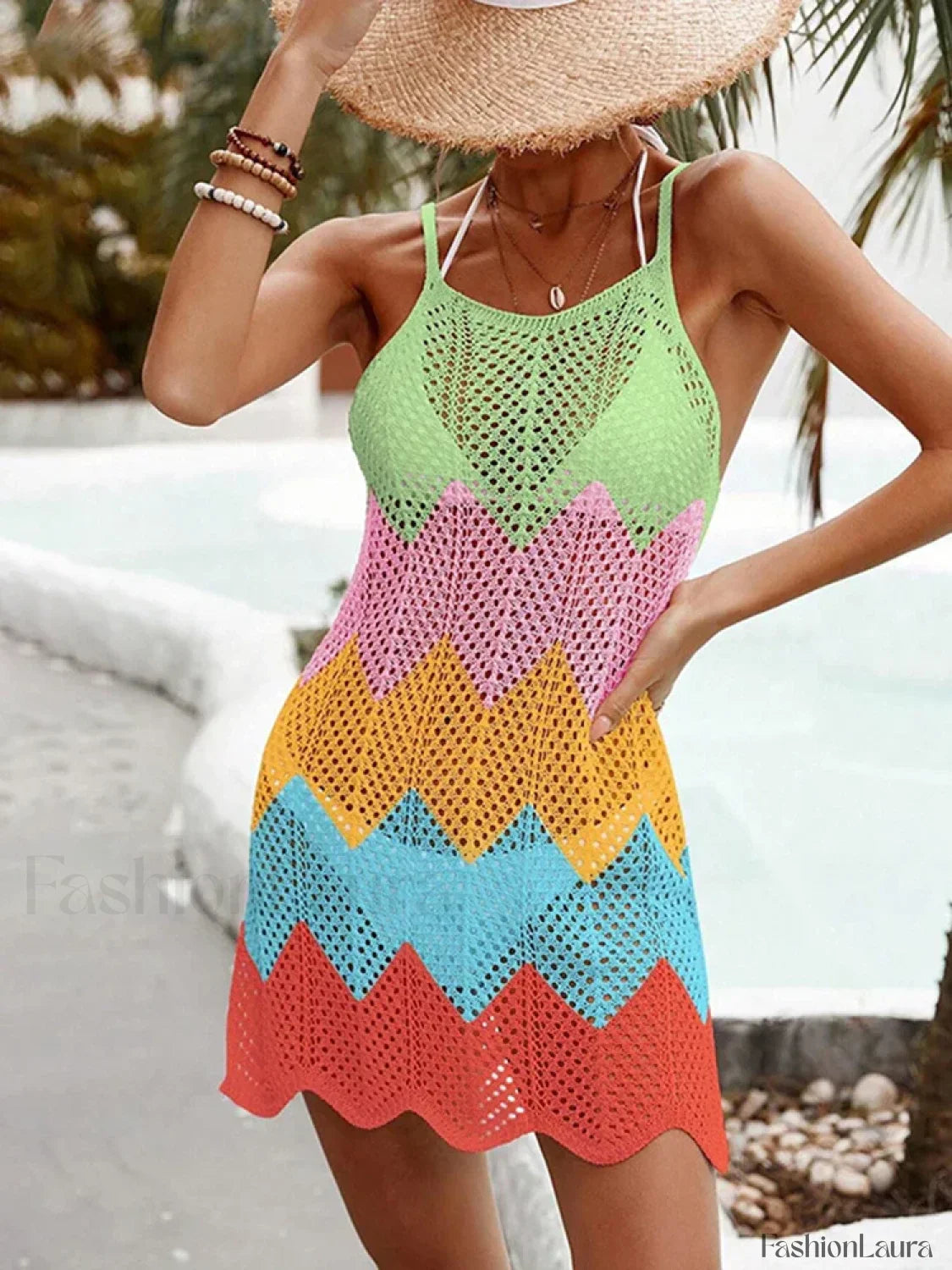 Contrast Color Sleeveless Hollow Cover Up