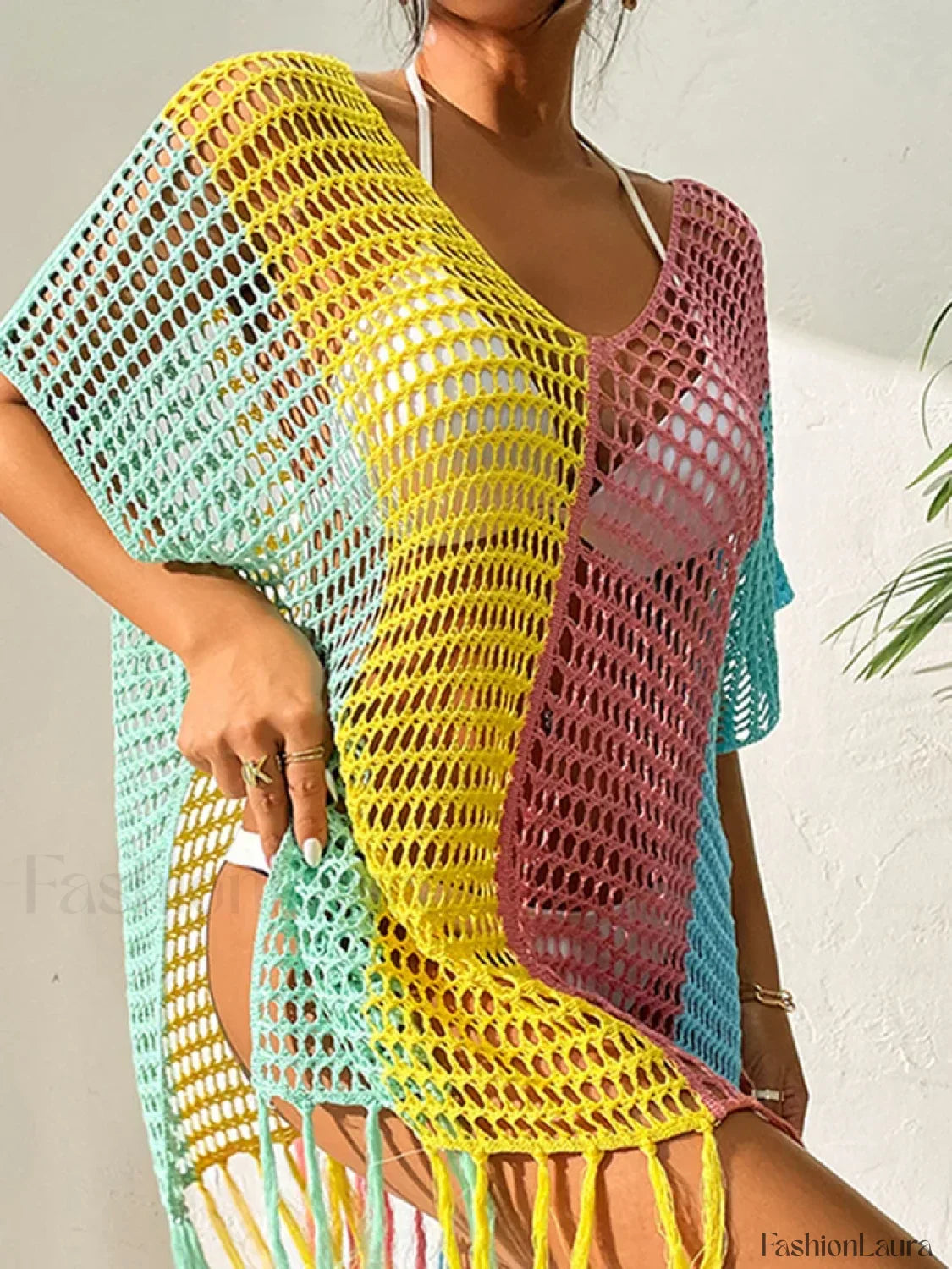 Contrast Color Tassel See Through Cover Up
