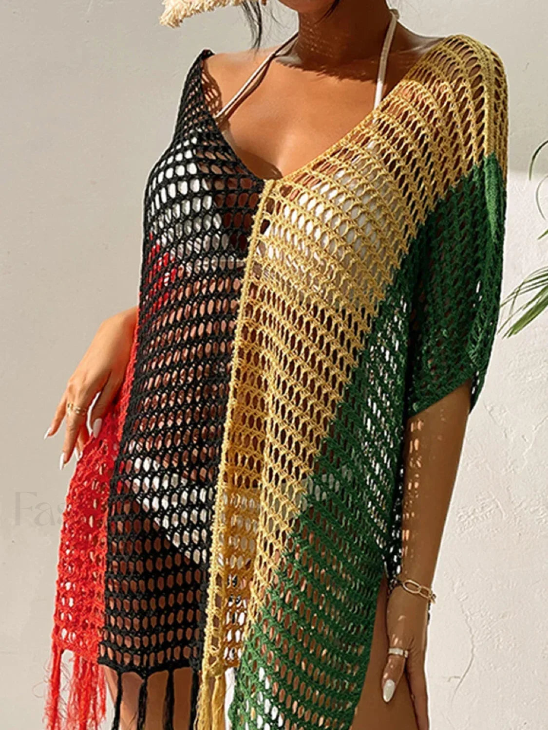 Contrast Color Tassel See Through Cover Up color3 / One Size