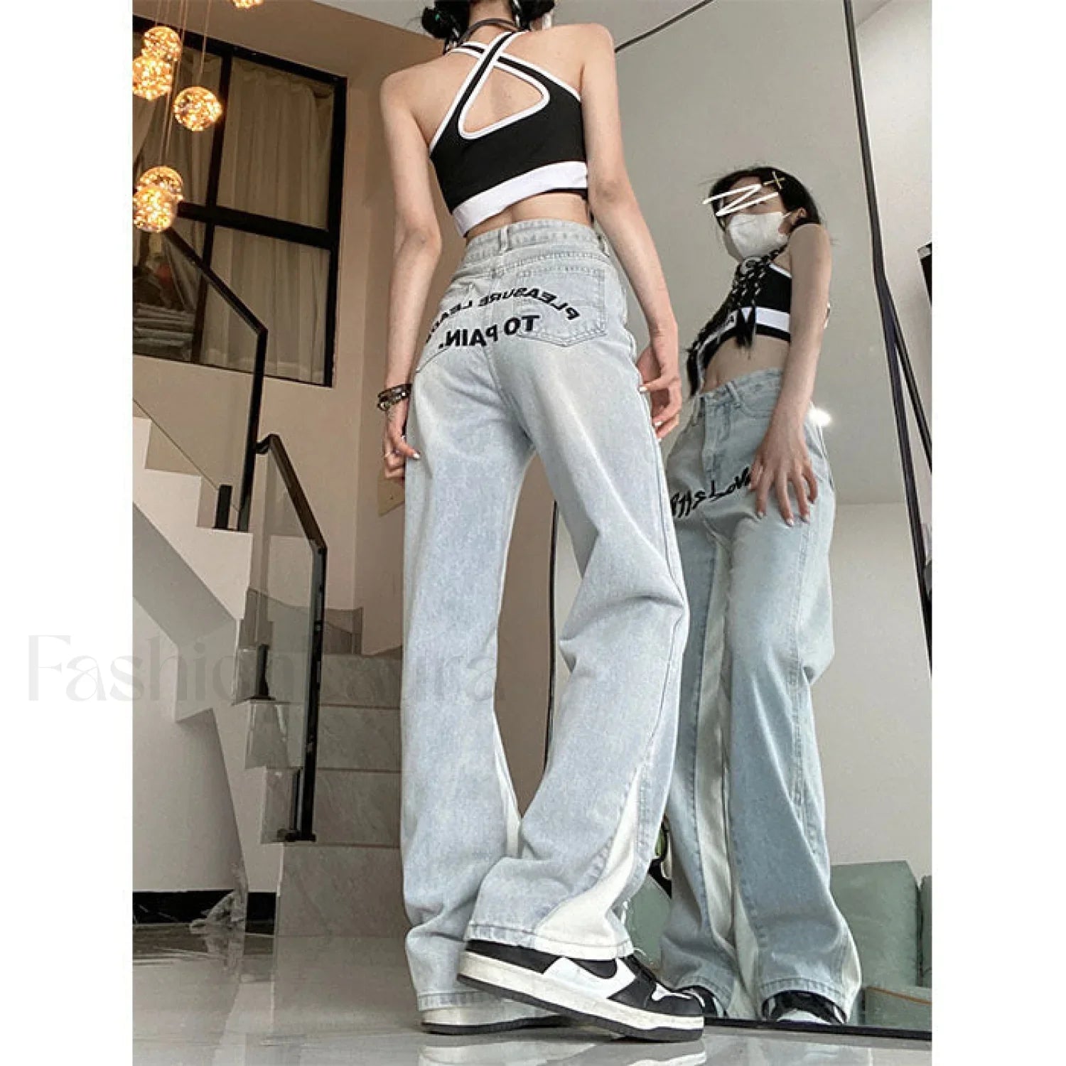 Contrast Letter Graceful Patchwork Straight Jeans
