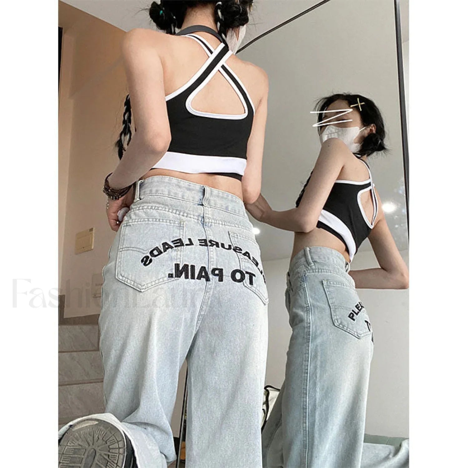 Contrast Letter Graceful Patchwork Straight Jeans