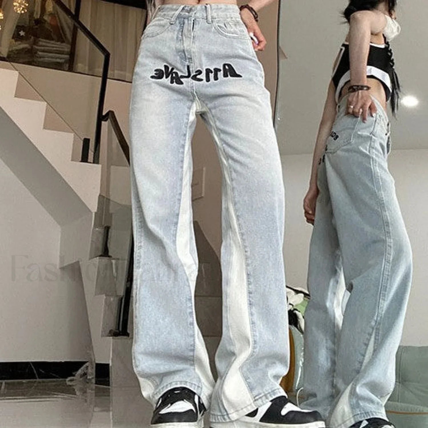 Contrast Letter Graceful Patchwork Straight Jeans