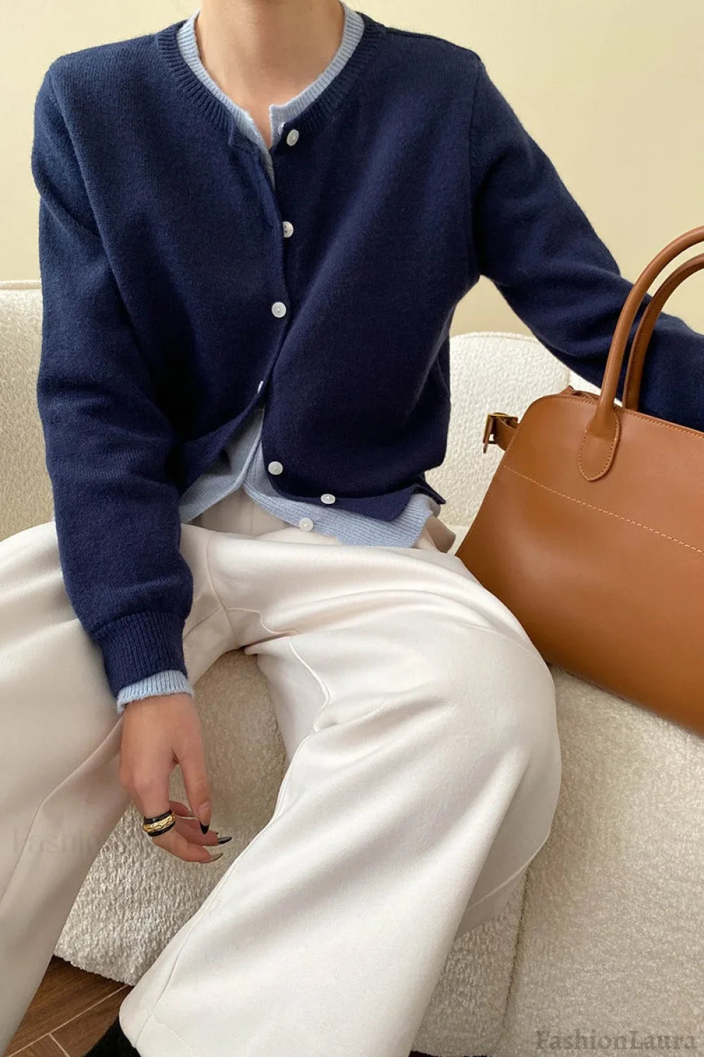 Contrast Panel Layering Cardigan Navy blue / One Size