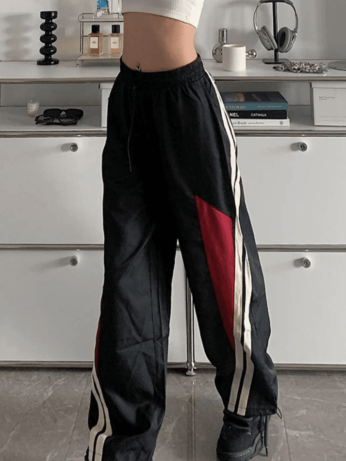 Elastic Waist Drawstring Side Stripe Contrast Panel Wide Leg Track Pants 2