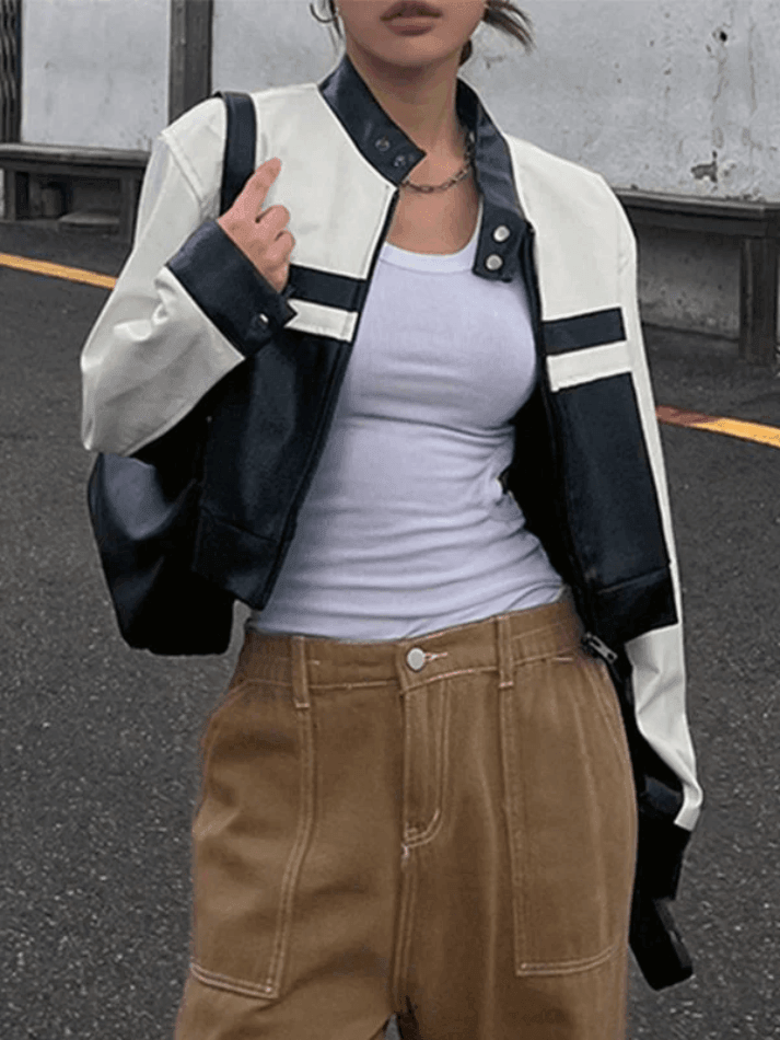 Colorblock Faux Leather Stand Collar Zip Front Cropped Moto Jacket
