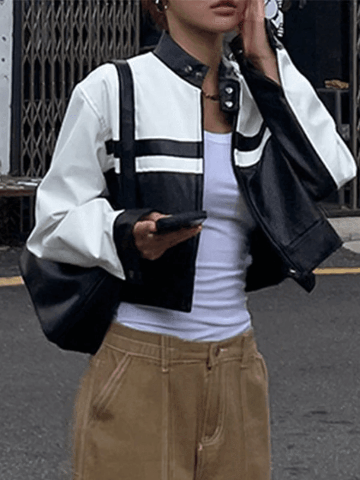 Colorblock Faux Leather Stand Collar Zip Front Cropped Moto Jacket 2