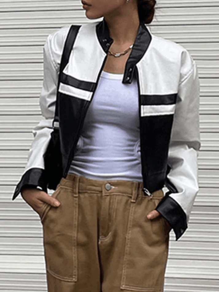 Colorblock Faux Leather Stand Collar Zip Front Cropped Moto Jacket 3