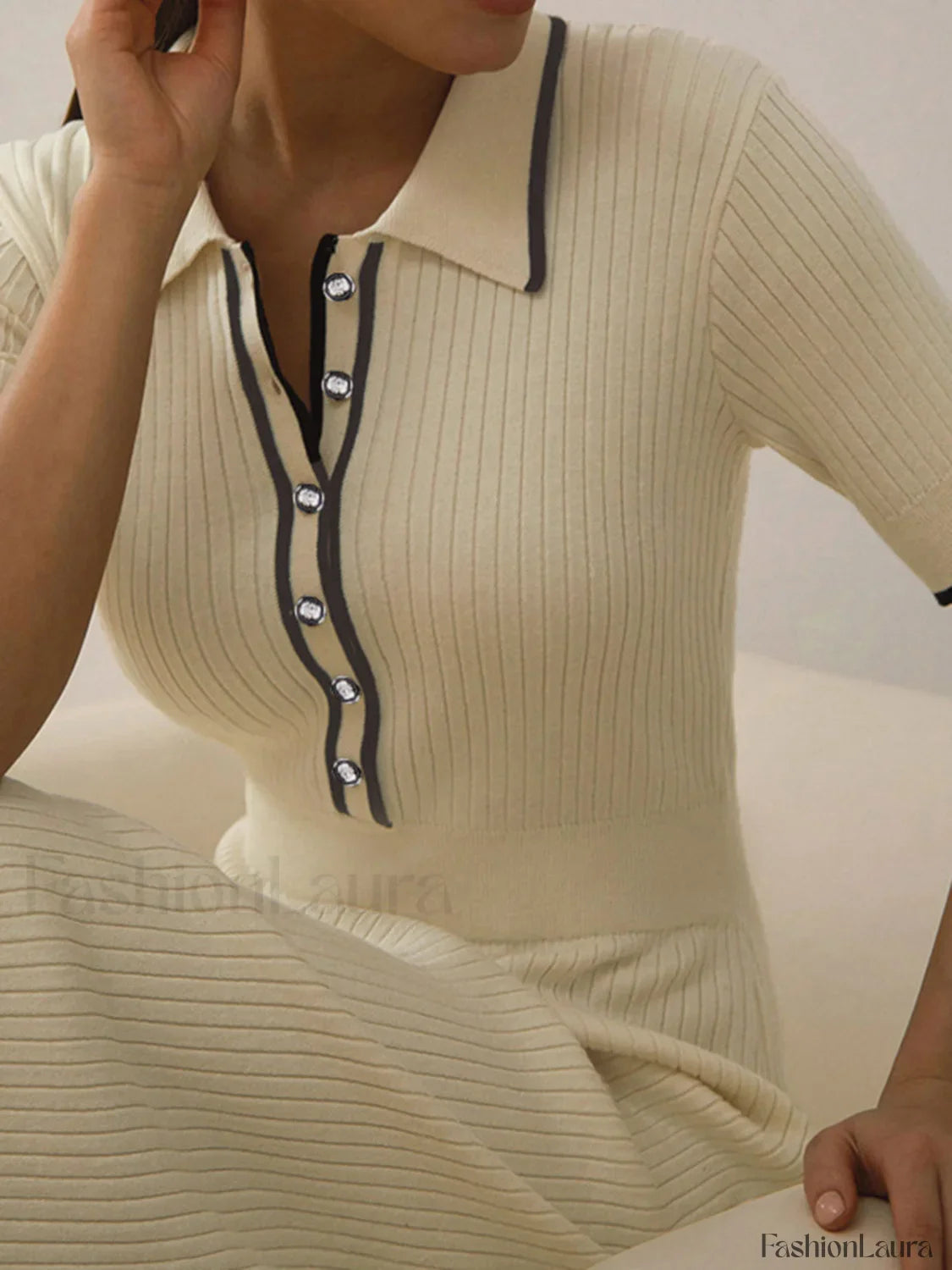 Contrast Trim Collared Rib Modern Knit Short Sleeve Midi Dress