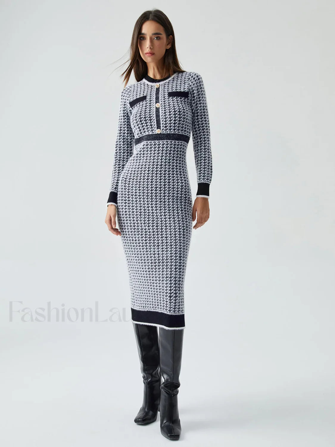 Contrast Trim Herringbone Trendy Bodycon Sweater Midi Dress